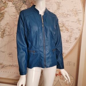 Alfani faux leather teal moto jacket tab collar zipper pockets peplum edgy S
